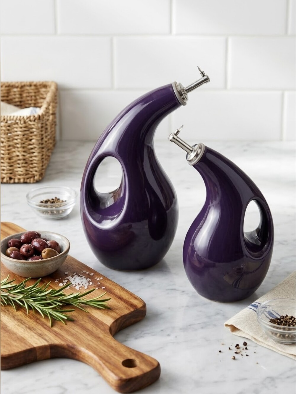 Rachael Ray Stoneware EVOO Oil & Vinegar Cruet Dispenser Bottle Set Deep Purple